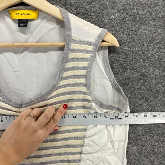 St. John Tank Women L Large White Striped Silk Sleeveless Round Neck Sheer - Picture 5 of 9